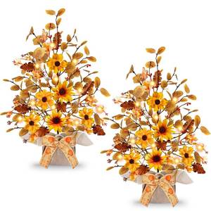 lot 1218 image:  2 Pack & Timer  Thanksgiving Decorations for Home Tabletop Fall Trees with 20 LED Battery Operated Eucalyptus Maple Trees Burlap Bowknot Sunflowers Berried Fall Decorations for Home Table Decor - Retail $17