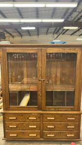 lot 16545 image: Oak Wood China Cabinet with Glass Doors and Drawers