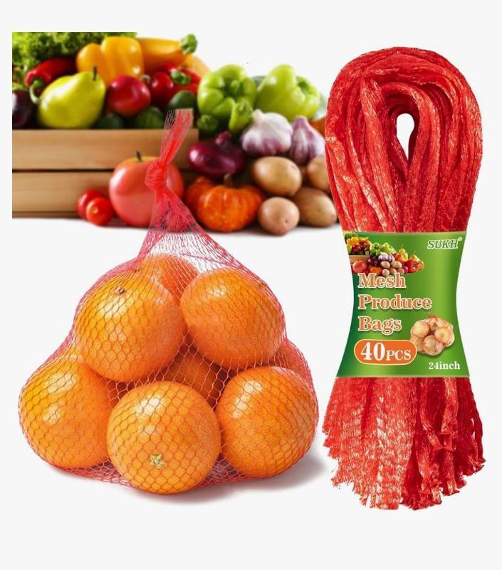 lot 16765 image: 90PCS Mesh Produce Bags - 24Inch Mesh Vegetable Bags Onion Storage Net Produce Seafood Net for vegetables Storage Fruits Seafood and Other Agricultural Products Red - Retail $7