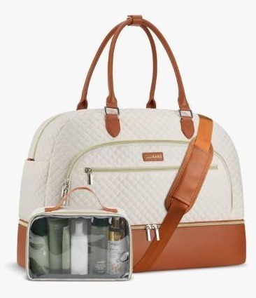 lot 16914 image: Weekender Bags for Women, Large Travel Duffel Bag Carry on Overnight Bag with Shoe Compartment and Toiletry Bag for Travel Business Gym Hospital, Beige Brown - Retail $24