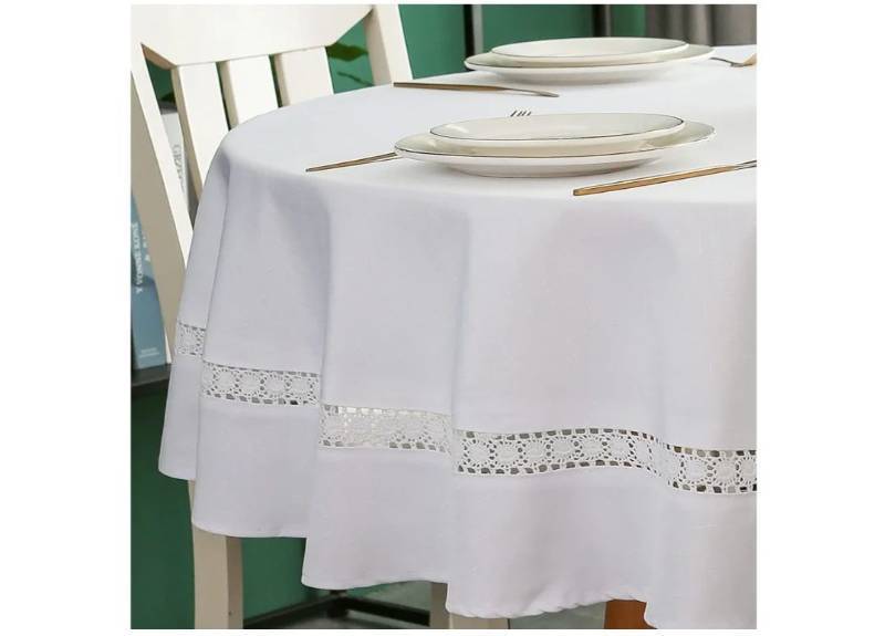 lot 16916 image: Heavy Duty Fabric Tablecloth with White Lace-WaterproofWrinkle FreeStain ResistantOil Proof-for Dining,Indoor&Outdoor,Wedding,Holiday,White,Round 60Inch - Retail $25