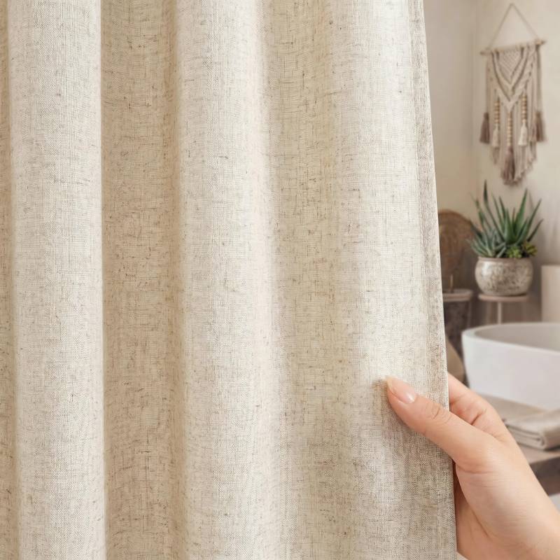lot 16945 image: Seasonwood Linen Shower Curtain Neutral Vintage Farmhouse Linen Shower Curtains for Bathroom Boho Bathroom Decor with 12 Sturdy Stainless Steel Sliding Hangers(Beige,72x72 Inches) - Retail $16