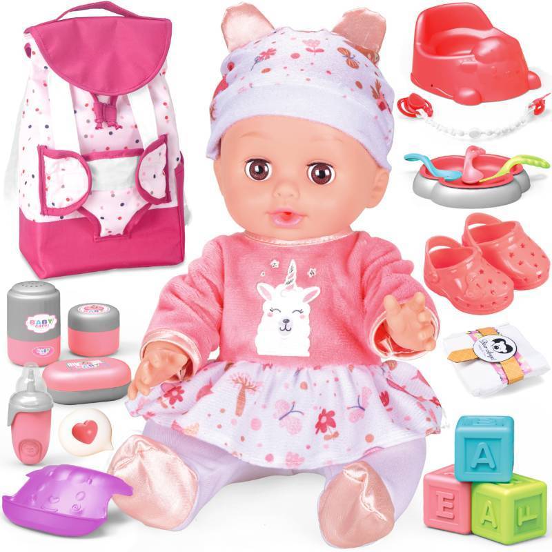 lot 16991 image: Baby Doll with Backpack Carrier, 14 Realistic Dolls with Accessories, Includes Feeding Playset, Baby Care Set, Toddler Pretend Play Babydoll Toys for 1 2 3 Year Old Kids Girls. MISSING PIECES. - Retail $30