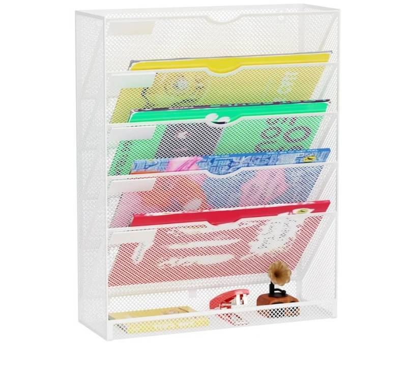 lot 17006 image: Hanging Wall File Organizer 6 Tier Wall Mounted File Holder Document Wall Organizer Magazine Organization for Office Home, White - Retail $22