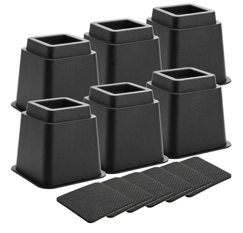 lot 17012 image: 6 Pack Bed Furniture Risers, 5 Inch Heavy Duty Couch Lifts with Anti-Slip Pads, Black Furniture Frame Lifts for Bed, Table, Sofa, Chair, Premium ABS Plastic, Support up to 3000 Lbs - Retail $22