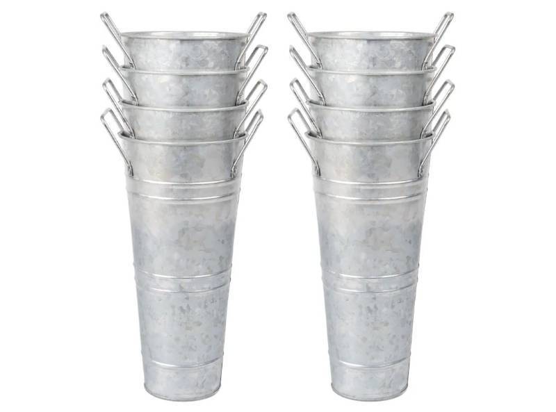 lot 17018 image: Small Galvanized Flower Bucket 8 Pack��9 Height, 4.3 Top Opening��Tabletop Size for Flower Buckets for Flower Bar Supplies, Bloom Bar Supplies��Metal Floral Buckets. ONE HAS DAMAGE at the TOP. - Retail $43