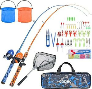 lot 58512 image: Kids Fishing Pole Set with Full Starter Kits 2 Set Portable Telescopic Fishing Rod and Spincast Reel Cambos with a Fishing Net and 2 Buckets for Boys Girls and Youth - Retail $42
