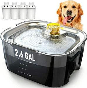 lot 58513 image: 2.6 Gallon Dog Water Fountain Stainless Steel 10L Pet Fountain Cat Fountain Dog Bowl Dispenser 338oz Capacity for Multi Pet Homes 4 Filters with 7 Layer Dual Filter System Ultra Quiet Pump - Retail $38