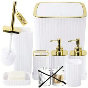 lot 58514 image: Bathroom Accessories Set - Gorgeous Bathroom Set, 10PC White Bathroom Accessory Set, Toilet Brush, Trash Can, Qtip Holder Dispenser & Soap Dispenser QTIP HOLDERS NOT INCLUDED - Retail $32