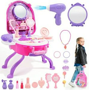 lot 58520 image: 4-in-1 Girls Vanity Set, 40 PCS Princess Pretend Makeup Vanity, Kid Vanity with Fashion Accessories, Role Play Makeup Toy for Girls Age 3 4 5, Birthday MISSING A FEW PIECESCRACKED  - Retail $20