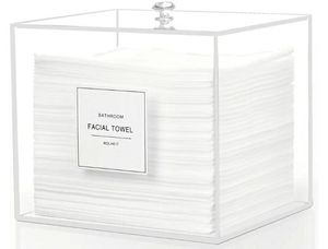 lot 58531 image: Disposable Face Towel Holder, Acrylic Face Towelettes Storage Box for Face Towels, Facial Towel Containers, Makeup Remover Cloth Organizer CRACKED AND CHIPPED - Retail $19