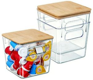 lot 58534 image: 3 PACK Coffee Pod Holder K Cup Organizer Large Capacity Clear Storage Container Bins with Bamboo Lids for Coffee Bar Organization and Storage - Retail $20
