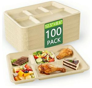 lot 58536 image: 100% Compostable 5 Compartment Paper Plates, 100 Pack Disposable School Lunch Trays Divided Plates for Adult Youth, 12.5  8.6 inch Heavy Duty Eco-Friendly Bagasse Plate for Buffet and Party - Retail $29
