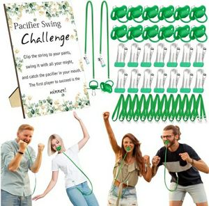 lot 58538 image: 12 Sets Swing Pacifier Baby Shower Games Funny Gender Reveal Games, Include 1 Wooden Sign and 12 Plastic Pacifiers for Bridal Baby Shower Gender Reveal Party Women Men(Eucalyptus,Greenery) - Retail $20