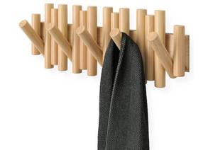 lot 58542 image: Picket Coat Rack Wall Mount 5 Flip-Down Wood Coat Hooks, Modern & Functional Storage, Easy Install Wall Hooks, Natural - Retail $55