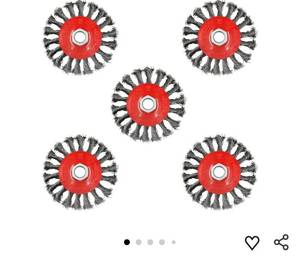 lot 58547 image: 5 Pack 4 Inch Twist Knotted Wire Wheel Brush for Angle Grinder with 58 Inch-11 Threaded Arbor - 0.02 Inch Carbon Steel Wire for Heavy-Duty Conditioning for Various Metals - Retail $20