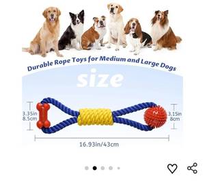 lot 58551 image: Interactive Dog Rope Toys Tug of War, Tough Dog Toys for Large, Medium & Small Dogs, 100% Cotton Chew Toys for Boredom, Pull Ball Rope Teeth Cleaning - Retail $10