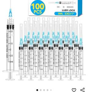 lot 58554 image: 100 Pack 3ml Syringes with Needle-23Ga 1 Inch Needle with Luer Lock, Individually Sealed Packaging - Retail $20