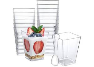 lot 58562 image: 5 oz Plastic Dessert Cups 50 Pack Small Clear Square Parfait Cups with Spoons, Mini Plastic Tumbler Serving Cups for Tasting Party Appetizers Mousse Yogurt - Retail $15
