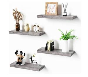 lot 58570 image: Floating Shelves for Wall, Gray Engineered Wood Wall Shelf Set of 4, 16 Walls Mounted Floating Shelf for Kitchen, Living Room, Bedroom, Bathroom Storage, Book Shelfs - Retail $43