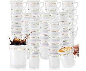 lot 58571 image: 48 Pack Disposable Coffee Mugs with Handle, 8 OZ Heavyweight Gold Rimmed Tea Cups, Plastic Hot Cold Beverage Drinkware for Weddings Cafe Bridal Shower Engagement Party. - Retail $33