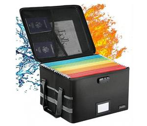lot 58577 image: File Box with Lock, Fireproof Document File Organizer Box with Zipper & Adjustable Handle, Collapsible File Storage Box Home Office Safe Filing Cabinet for Hanging LetterLegal Folder. - Retail $29