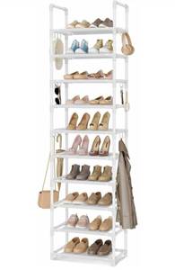 lot 58589 image: 10 Tiers Tall Shoe Rack Holds 20-25 Pairs of Shoes Sturdy Vertical Shoe Organizer with 18pcs Hooks Stackable Narrow Shoe Rack for Closet, Entryway. - Retail $24