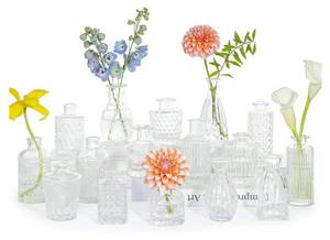 lot 58592 image: 16pcs Glass Bud Vase Set, Small Clear Flower Vases for Centerpieces in Bulk, Cute Mini Vintage Vase for Wedding, Home Decor, Table Decoration. - Retail $30