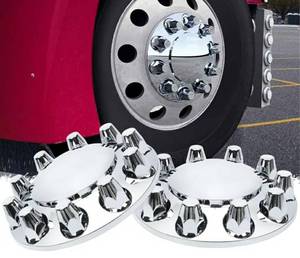 lot 58593 image: Axle Wheel Covers for Semi Truck - 2 Front Hub Covers with 33mm Thread-On Chrome Lug Nut Covers for Semi Truck. - Retail $58