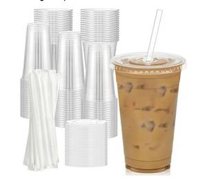 lot 58599 image: 100 Pack - 20 oz Clear Plastic Cups with Lids and Straws, Sturdy & Food Safe Iced Coffee Cups with lids, Disposable Plastic Smoothie Cups for Cold Drinks. - Retail $32