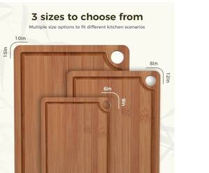 lot 58603 image: Bamboo Cutting Board for Kitchen 3-Piece Wooden Boards with Juice Grooves, Side Handles, Non-Slip Mats Perfect for Meat, Veggies, Fruit Ideal Kitchen Gift - Retail $30