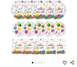 lot 58606 image: 150 Pcs Happy Easter Plates and Napkins - Easte Egg Paper Dinnerware Set, Cute Easter Rabbit Dinner Dessert Plates Luncheon Napkins Tableware for Easter Activity Party Supplies Table Decor, Serves 50 - Retail $16