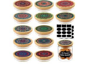 lot 58609 image: 12 Pieces Yogurt Jar Lids Set, Reusable Bamboo Mandala Pattern Lids with Silicone Sealing Rings and 24 Pcs Yogurt Bottle Label Covers Compatible with Cookie Coffee Spice - Retail $20
