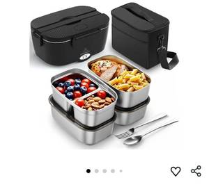 lot 58610 image: Heated Lunch Box,120W Electric Lunch Box for Adults with 1.5L 304 Stainless Steel Container, 12V24V110V Lonchera El�ctrica Port�til for Travel,Work,Car,Truck (Pure Black, 1.5L x 4) - Retail $50