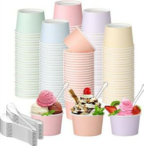 lot 58619 image: 100 Set 5 oz Ice Cream Cups with Spoons Disposable Paper Sundae Dessert Bowls Summer Party Supplies (Pastel) - Retail $24