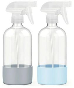 lot 58622 image: 4 Pack Glass Spray Bottles with Silicone Sleeve, 16 oz Empty Refillable Containers with Adjustable Spray Nozzles, Spray Bottles for Hair, Cleaning Solutions and Plants Blue&Grey - Retail $12