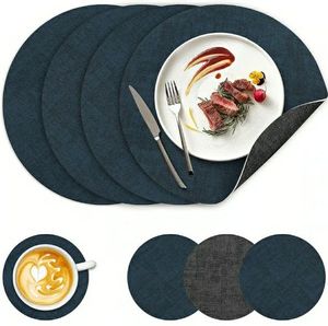 lot 58625 image: 13 Round Placemats Set of 4, NCUE Dual-Sided Faux Leather Heat Resistant Table Mats, Waterproof Oilproof Washable Protective Table Placemats with Coaster, Wipeable Vinyl for Indoor & Outdoor Use - Retail $12