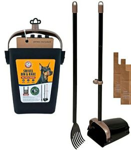 lot 58629 image: Arm & Hammer Dog Pooper Scooper Swivel Bin & Rake, Poop Scoop for Dogs, Black - Retail $23