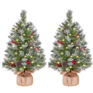 lot 20162 image: Yaheetech Set of 2 Pre-Lit Artificial Mini Christmas Tree, 3ft Frosted Tabletop Small Christmas Tree with LED Lights, Red Berries & Natural Pinecones for Holiday Decoration