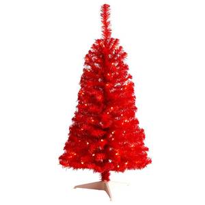 lot 20171 image: Nearly Natural 3ft. Red Artificial Christmas Tree with 50 LED Lights and 118 Bendable Branches