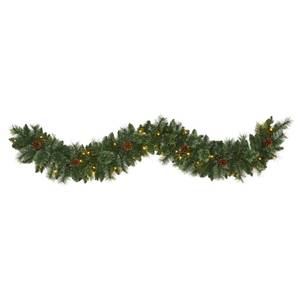 lot 20201 image: Nearly Natural 6ft White Mountain Pine Artificial Garland with 35 Warm White LED Lights and Pinecones, Includes Battery Box