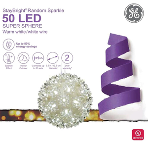 lot 20203 image: GE Stay Bright Random Sparkle LED Super Sphere, 50ct, Warm White 848032 3 Pack