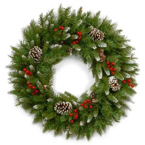 lot 20208 image: National Tree Company 24 in Unlit Frosted Berry Artificial Christmas Wreath, Christmas Decoration with 180 Tips, Pinecones, Green