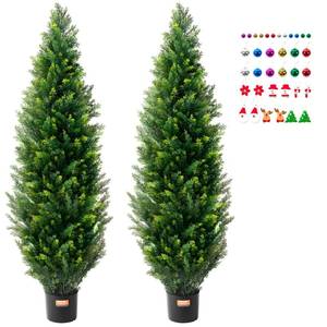 lot 20227 image: VEVOR Artificial Topiary Cedar Tree, 60 inch Tall (2 Pieces), with Extra Leaves & Pot Faux Evergreen Fake Pine Cypress Trees Plant, UV Rated Artificial Greenery Set for Home Decor IndoorOutdoor