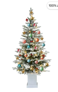 lot 20232 image: Uforic 4.5ft Potted Pre-Lit Flocked Pencil Christmas Tree with 358 PE & PVC Tips & 100 Lights, White Flocked