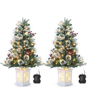 lot 20233 image: 3FT Prelit Premium Snow Flocked Artificial Christmas Tree with Warm White LED, Mini Prelit Xmas Pine Tree for Christmas Decoration,Yard,Home,Office,Outdoor,Indoor,8 Mode Snowflake White Base- 2PCS
