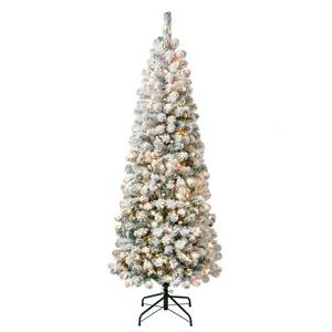 lot 20234 image: National Tree Company 6 ft Pre-Lit Flocked Acacia Slim Artificial Christmas Tree, 250 Clear Lights, 512 Tips, Includes Stand, Green
