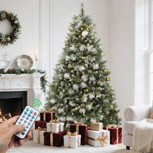 lot 20239 image: YITAHOME 6ft Prelit Scotch Pine Christmas Tree with Remote Control, Pre-Decorated Frosted Christmas Tree with Pine-Cones & Needles, Warm WhiteMulticolor Changing Lights for HomeOffice