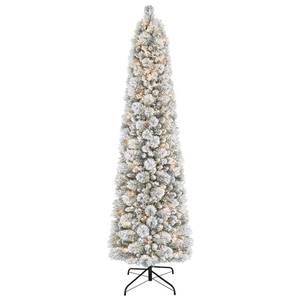lot 20242 image: Puleo International 6.5ft Pre-Lit Flocked Portland Pine Pencil Christmas Tree with 300 Clear Lights, 410 Realistic Dense Snow Flocked Branch Tips, Easy Setup Artificial Trees with Sturdy Metal Stand
