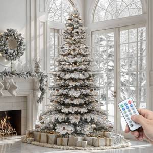 lot 20243 image: YITAHOME Pre-Lit Mountain Pine Flocked Christmas Tree with Remote, 7.5FT Pre-Decorated Hierarchical Tower Flocked Christmas Tree, 1278 Branch Tips, 550 Lights, 55 Pine Cones for Party Home Deco